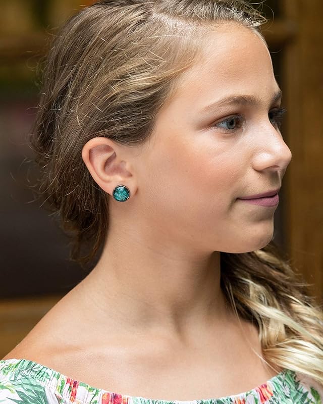 Summerfield Collection Hematite-tone Teal Green and Black Glitter Glass Stud Earrings Hand-painted 12mm
