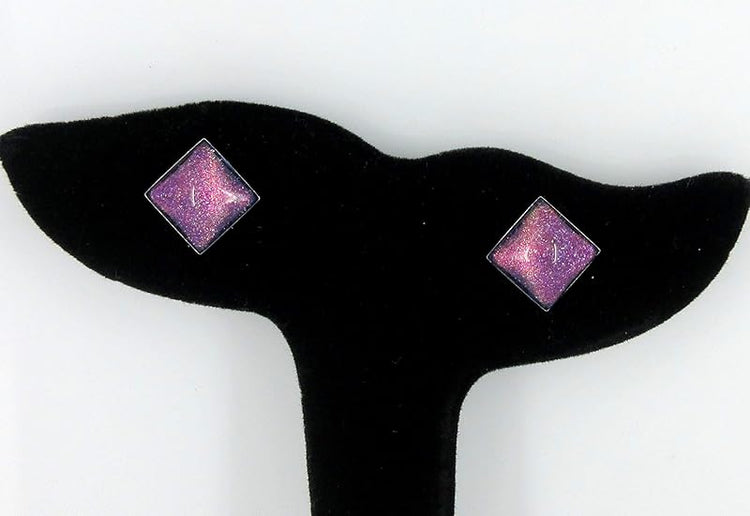 Summerfield Collection Stainless Steel Purple and Rainbow Glitter Glass Stud Earrings Hand-painted Square 10mm