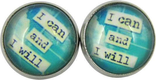 Summerfield Collection Stainless Steel I Can and I Will Print Glass Stud Earrings 12mm Blue