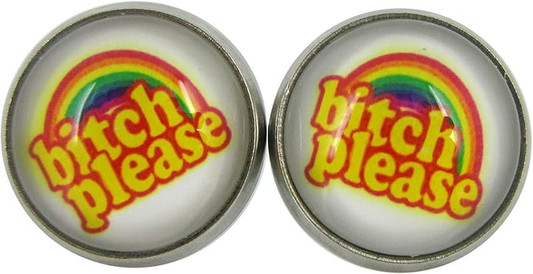 Summerfield Collection Stainless Steel Rainbow Bitch Please Print Glass Stud Earrings 12mm