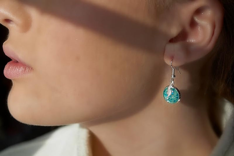 Summerfield Collection Silver-tone Blue Glitter Glass Seahorse Charm Dangle Earrings Hand-painted