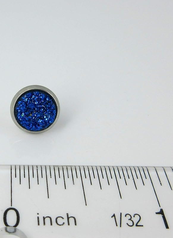 Summerfield Collection Stainless Steel Glitter Faux Druzy Stone Stud Earrings 8mm (Royal Blue)