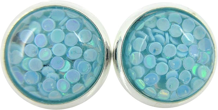 Summerfield Collection Shiny Silver-tone Iridescent Glitter Resin Stud Earrings 10mm (Sky Blue)