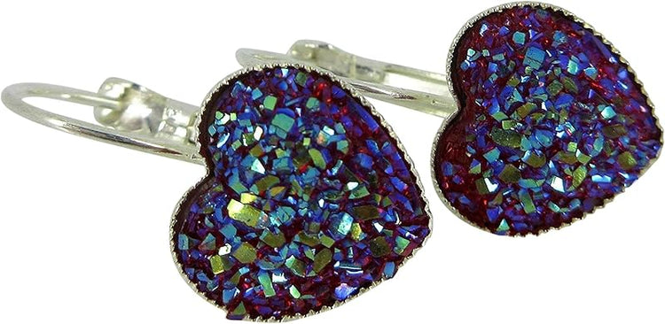 Summerfield Collection Silver-tone Raspberry Heart Faux Druzy Stone Lever-back Drop Earrings 12mm