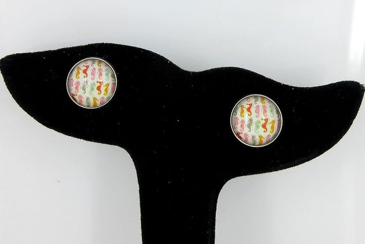 Summerfield Collection Stainless Steel Colorful Seahorse Print Glass Stud Earrings 12mm