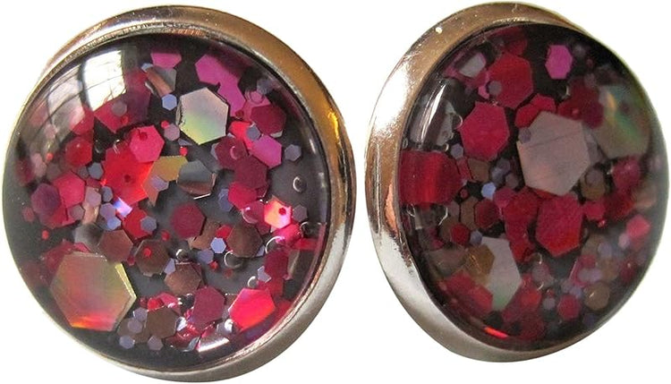 Summerfield Collection Silver-Tone Charcoal Gray and Pink Hexagon Glitter Glass Stud Earrings 12mm