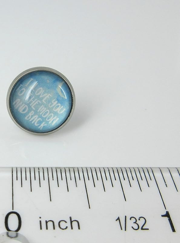 Summerfield Collection Stainless Steel I Love You to the Moon and Back Print Glass Stud Earrings 12mm (Sky Blue)