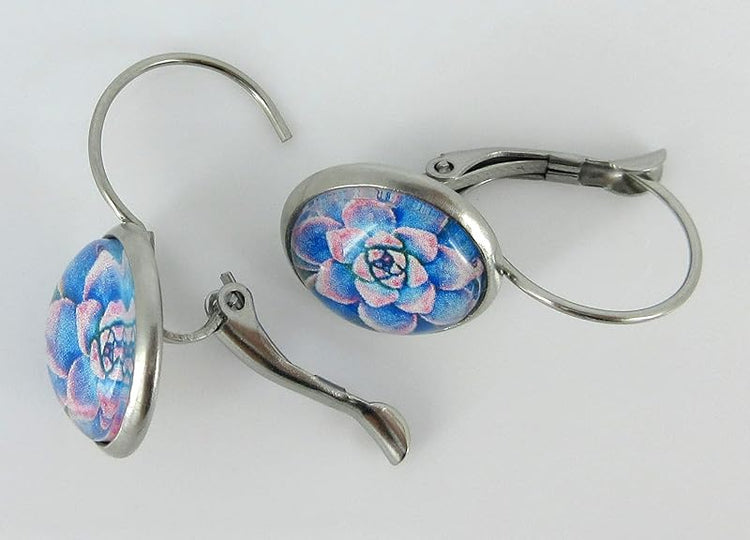 Summerfield Collection Stainless Steel Succulent Printed Glass Necklace Drop Earrings Set (Blue/Pink)