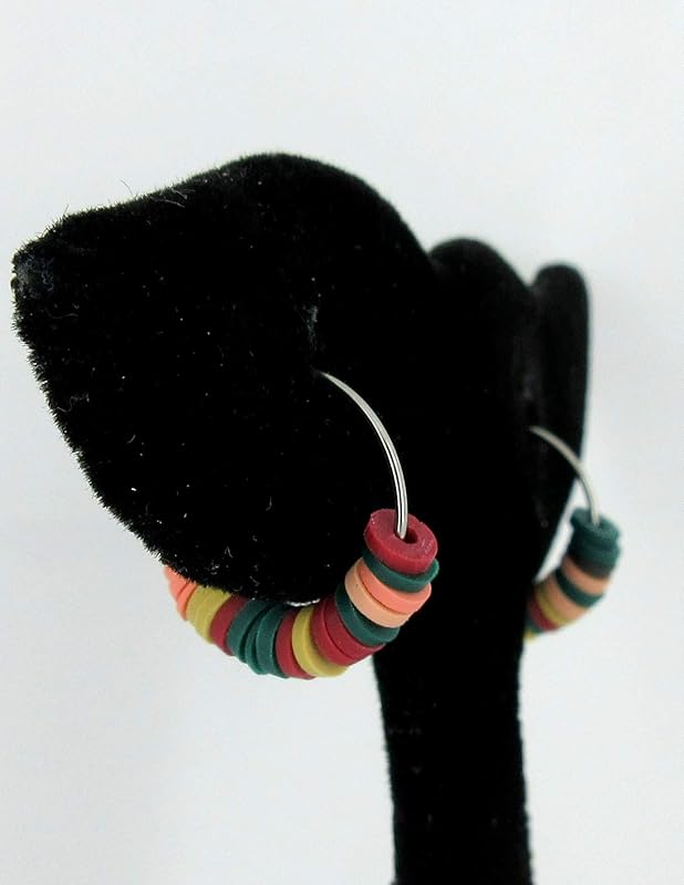 Summerfield Collection 15mm Stainless Steel Polymer Clay Katsuki Bead Hoop Earrings (Natural Multi)