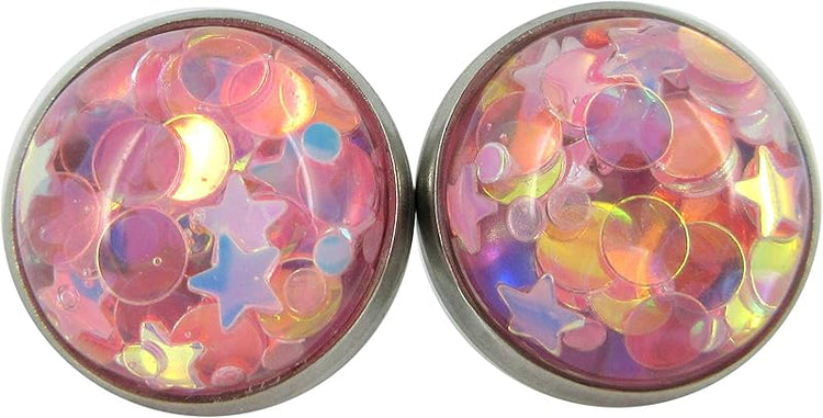 Summerfield Collection Stainless Steel Glitter Resin Globe Stud Earrings 12mm (Medium Pink)