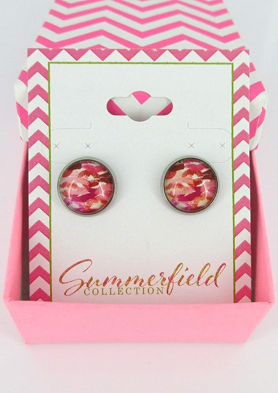 Summerfield Collection Stainless Steel Lipstick Kisses Camo Print Glass Stud Earrings 12mm White Pink Red