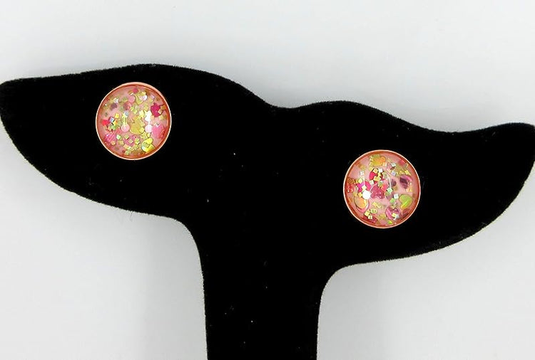 Summerfield Collection Rose Gold-tone Heart and Square Glitter Glass Stud Earrings Hand-painted 12mm