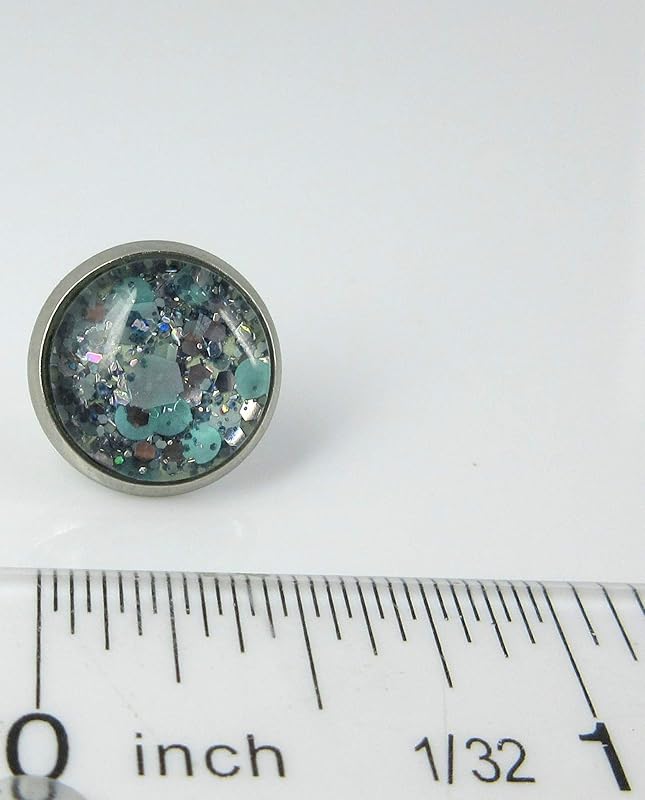 Summerfield Collection Stainless Steel Mint Green and Silver Glitter Glass Stud Earrings Hand-painted 12mm