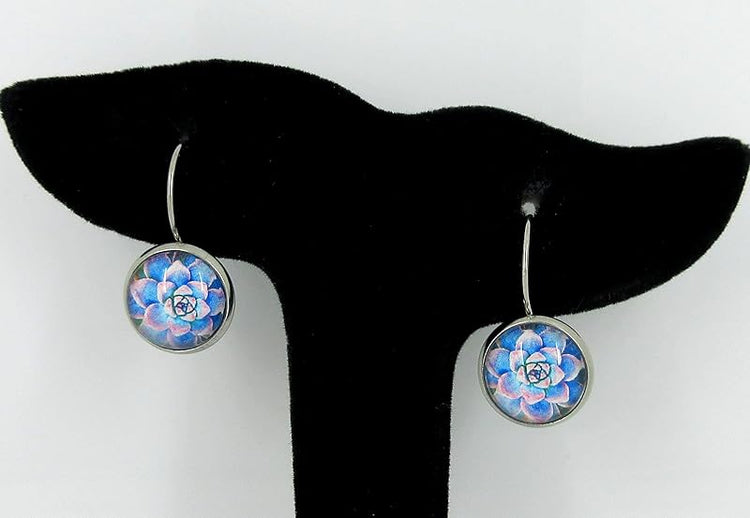 Summerfield Collection Stainless Steel Succulent Printed Glass Necklace Drop Earrings Set (Blue/Pink)