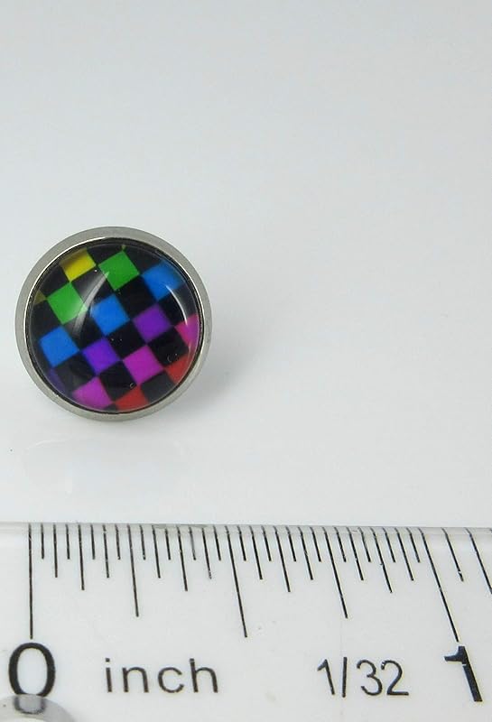 Summerfield Collection Stainless Steel Checkerboard Print Glass Stud Earrings 12mm (Rainbow)