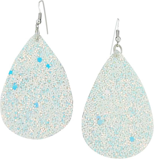Summerfield Collection Silver-tone Glitter Faux Leather Large Teardrop Dangle Earrings (White w/Pink and Lt Blue)