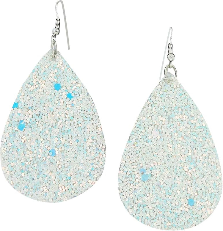 Summerfield Collection Silver-tone Glitter Faux Leather Large Teardrop Dangle Earrings (White w/Pink and Lt Blue)