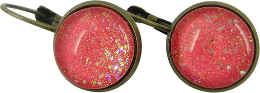 Summerfield Collection Antiqued Gold-tone Coral Glitter Glass Lever-back Drop Galaxy Earrings Hand-painted