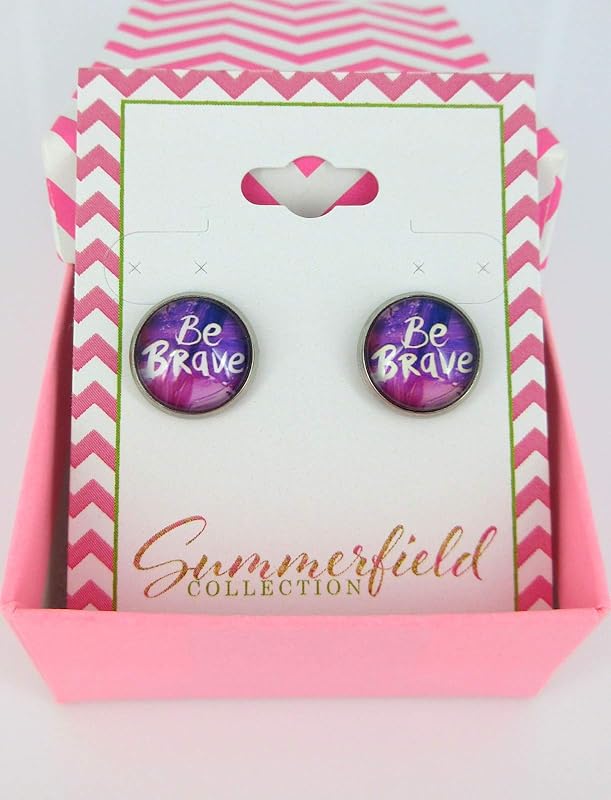 Summerfield Collection Stainless Steel Be Brave Print Glass Stud Earrings 12mm