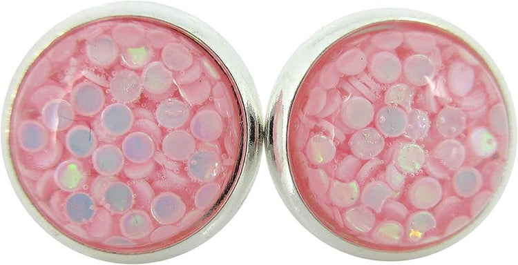 Summerfield Collection Shiny Silver-tone Iridescent Glitter Resin Stud Earrings 10mm (Light Pink)