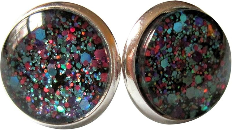 Summerfield Collection Silver-tone Blue Purple Pink Glitter Glass Stud Earrings 12mm Hand-painted