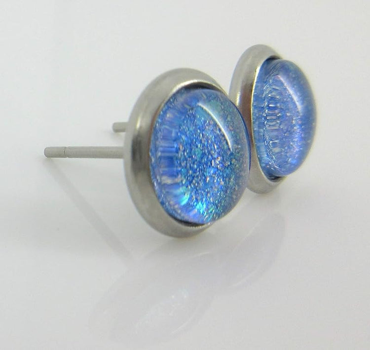 Summerfield Collection Stainless Steel Sky Blue and Rainbow Glitter Flake Glass Stud Earrings Hand-painted (8mm)