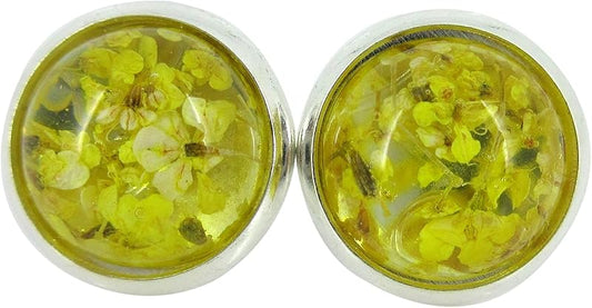 Summerfield Collection Silver-tone Clear and Dried Flower Resin Stud Earrings 10mm (Yellow)
