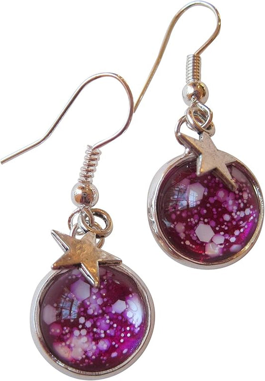 Summerfield Collection Silver-tone Magenta Pink and White Glitter Glass Star Galaxy Dangle Earrings