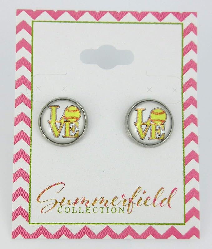 Summerfield Collection Stainless Steel Love Softball Print Glass Stud Earrings 12mm