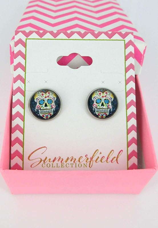 Summerfield Collection Stainless Steel Black Sugar Skull Printed Glass Stud Earrings 12mm