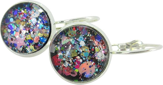 Summerfield Collection Silver-tone Black and Multi-Color Confetti Glitter Glass Drop Earrings Leverback Hand-painted