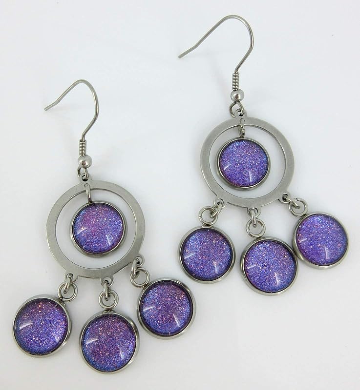 Summerfield Collection Stainless Steel Colorshifting Glitter Glass Chandelier Dangle Earrings Handpainted (Purple)
