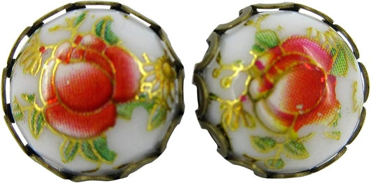 Summerfield Collection Antiqued Gold-tone Floral Print Stud Earrings 12mm (White)