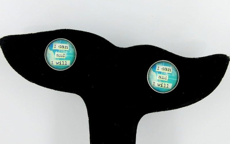 Summerfield Collection Stainless Steel I Can and I Will Print Glass Stud Earrings 12mm Blue