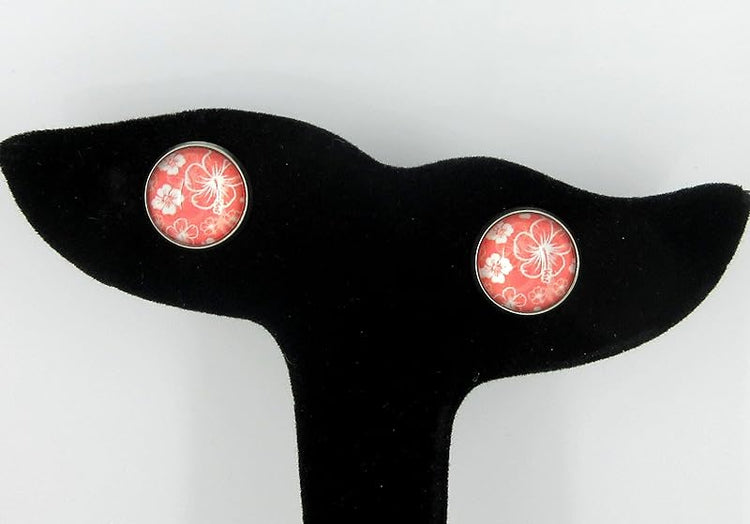 Summerfield Collection Stainless Steel Hibiscus Flower Print Glass Stud Earrings 12mm Hawaiian (Coral Peach Pink)
