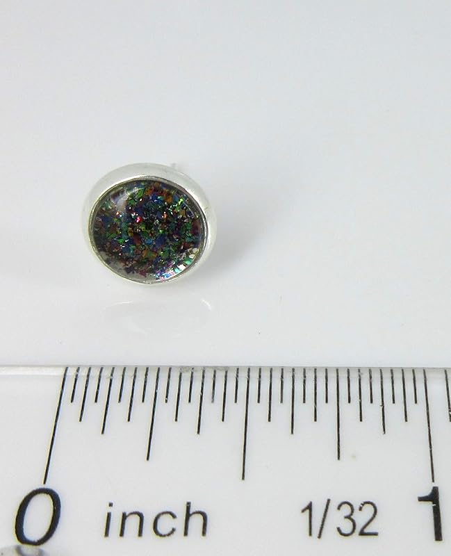 Summerfield Collection Silver-tone Dark Rainbow Glitter Glass Stud Earrings Hand-painted 8mm