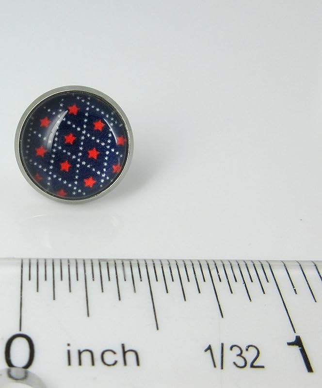Stainless Steel Patriotic Stars Print Glass Stud Earrings 12mm (Navy Blue)
