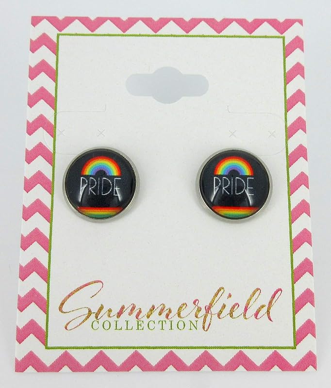 Summerfield Collection Stainless Steel Rainbow Pride Print Glass Stud Earrings 12mm Black