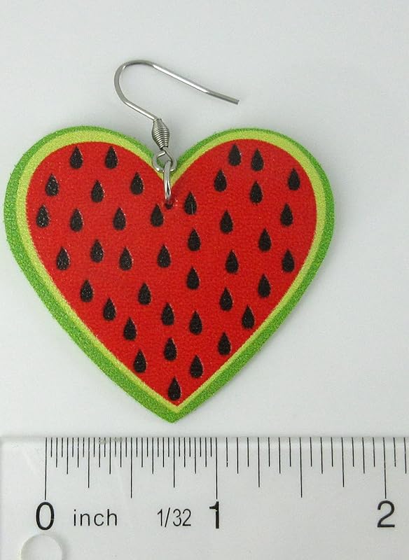 Summerfield Collection Watermelon Faux Leather Large Heart Dangle Earrings Stainless Steel Red Green Black Fruit