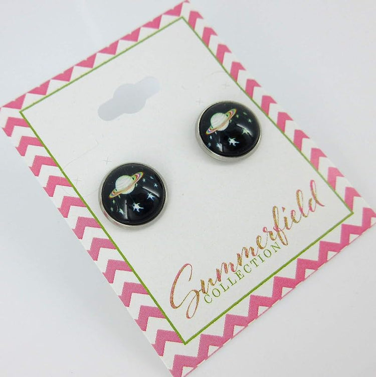 Summerfield Collection Stainless Steel Black Planet and Star Galaxy Print Glass Stud Earrings 12mm