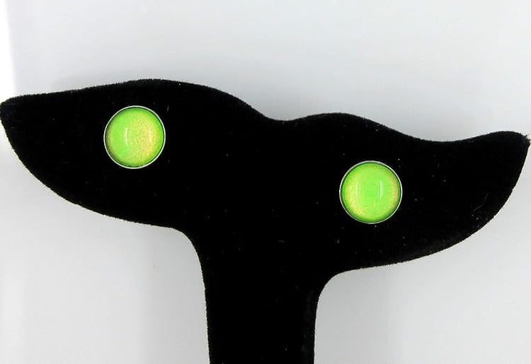 Summerfield Collection Stainless Steel Neon Green Colorshifting Glitter Glass Stud Earrings Hand-painted 10mm