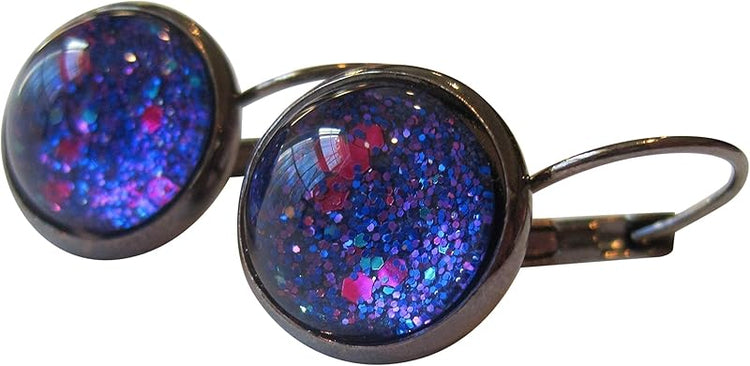 Summerfield Collection Hematite-tone Blue Purple Pink Glitter Glass Galaxy Lever-back Drop Earrings Hand-painted