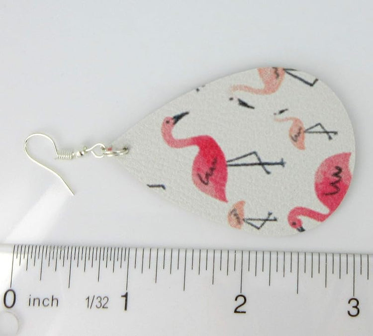 Summerfield Collection White and Pink Flamingo Faux Leather Large Teardrop Dangle Earrings