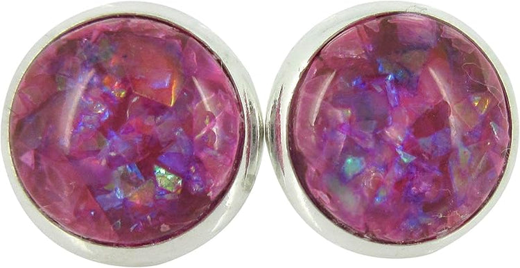 Summerfield Collection Shiny Silver-tone Opalescent Leaf Resin Stud Earrings 10mm (Magenta)