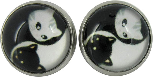 Summerfield Collection Stainless Steel Cat Lover Printed Glass Stud Earrings 12mm (Yin Yang Face)