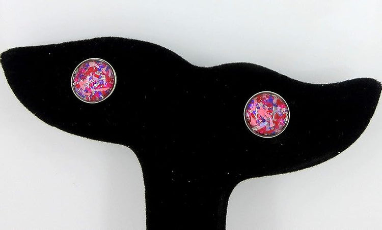 Summerfield Collection Stainless Steel Pink Purple Red Metallic Shard Glitter Glass Stud Earrings Hand-painted 10mm