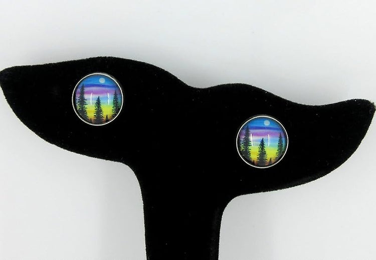 Summerfield Collection Stainless Steel Forest Rainbow Sunset Print Glass Stud Earrings 12mm