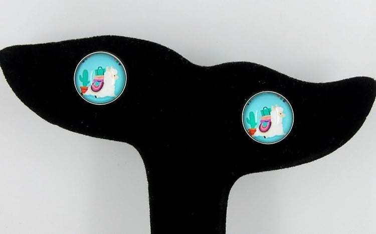 Summerfield Collection Stainless Steel Llama Print Glass Stud Earrings 12mm (Aqua)