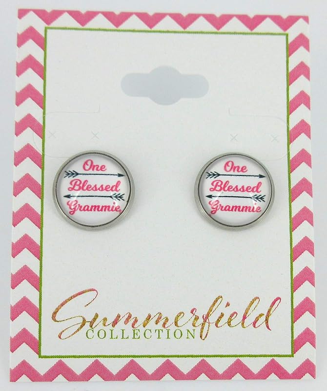 Summerfield Collection Stainless Steel One Blessed Grammie Print Glass Stud Earrings 12mm