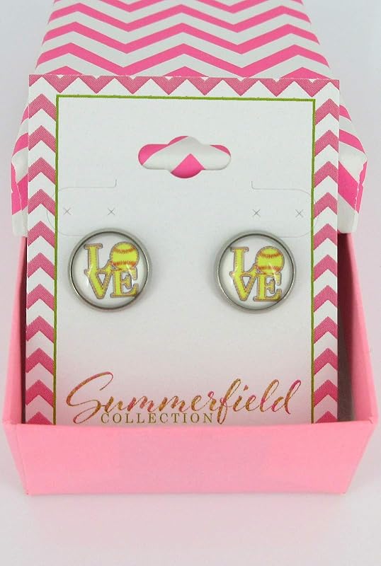 Summerfield Collection Stainless Steel Love Softball Print Glass Stud Earrings 12mm